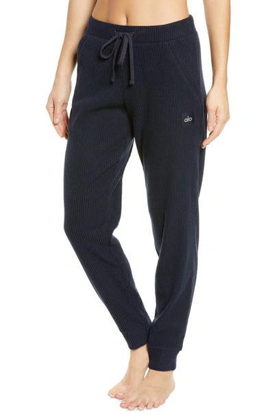 Shop Alo Yoga Muse Ribbed High Waist Sweatpants In Dark Navy