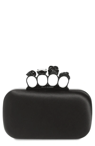 Shop Alexander Mcqueen Skull Four Ring Silk Box Clutch In Black