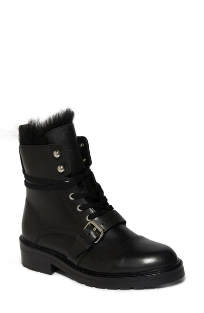 Shop Allsaints Donita Combat Boot With Genuine Shearling Trim In Black Shearling Leather