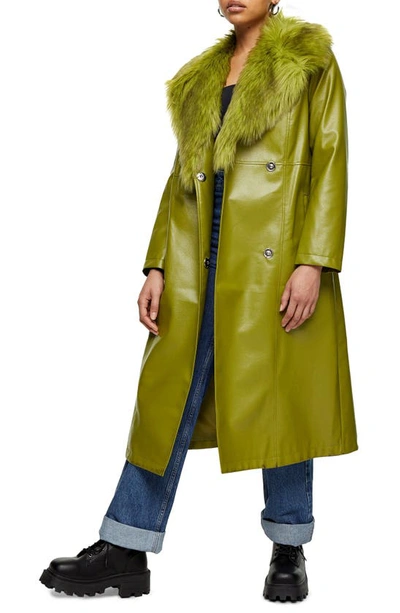 Shop Topshop Sienna Faux Leather & Faux Fur Coat In Green