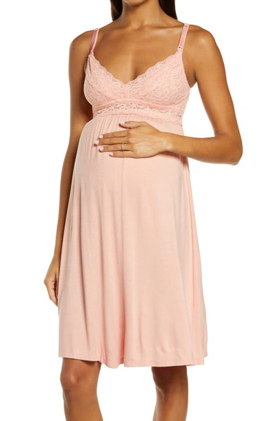 Shop Belabumbum Tallulah Lace Trim Maternity/nursing Chemise In Coral Pink