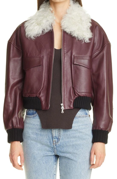 Shop Khaite Larissa Leather Bomber Jacket With Genuine Shearling Collar In Bordeaux