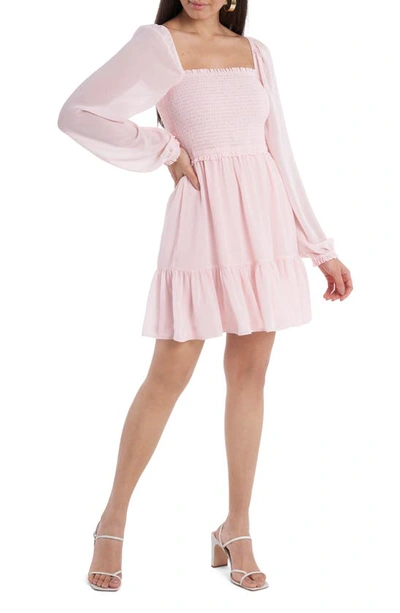 Shop 1.state Smock Bodice Ruffle Hem Long Sleeve Minidress In Pink Taffeta