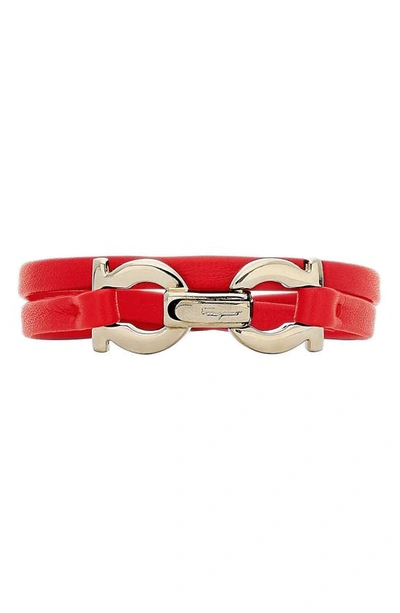 Shop Ferragamo Double Gancio Leather Wrap Bracelet In Rosso