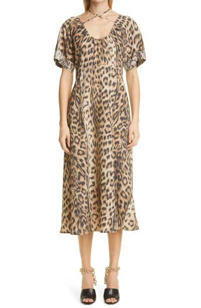 Shop Victoria Beckham Leopard Tie Neck Midi Dress In Tan/ Brown