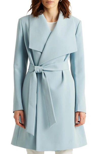 Shop Lauren Ralph Lauren Belted Drape Front Coat In Dusty Blue