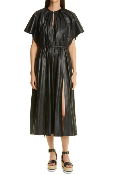 Shop Altuzarra Romy Leather Drawstring Midi Dress In Black
