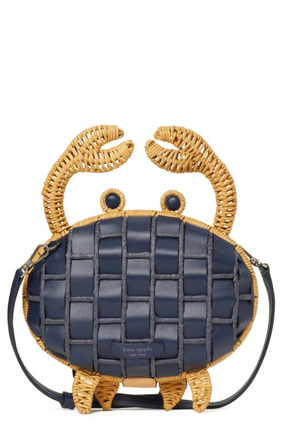 Shop Kate Spade Shelly Woven Leather & Wicker Crab Crossbody Clutch In Blazer Blue