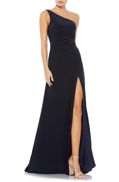 Shop Mac Duggal One-shoulder Jersey A-line Gown In Midnight