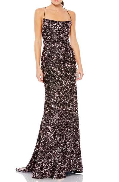Shop Mac Duggal Strappy Sequin Trumpet Gown In Black Rose