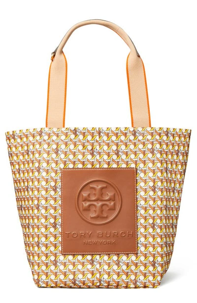 Shop Tory Burch Small Basketweave Nylon Tote In Orange Caning Logo Geo