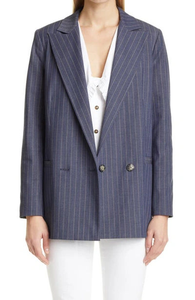 Shop Ganni Double Breasted Pinstripe Blazer In Dress Blues