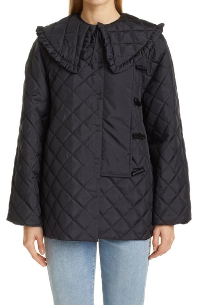 Shop Ganni Quilted Recycled Ripstop Jacket With Removable Ruffle Collar In Black