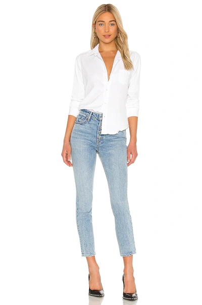 Shop Frank & Eileen Barry Long Sleeve Button Down Top In White Tattered Wash Denim