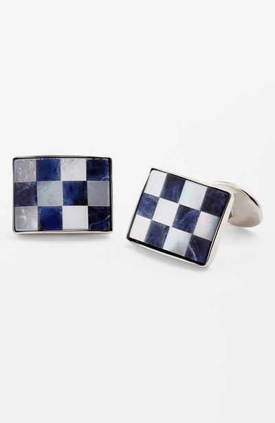 Shop David Donahue Checkerboard Cuff Links In Silver/ Sodalite/ Pearl