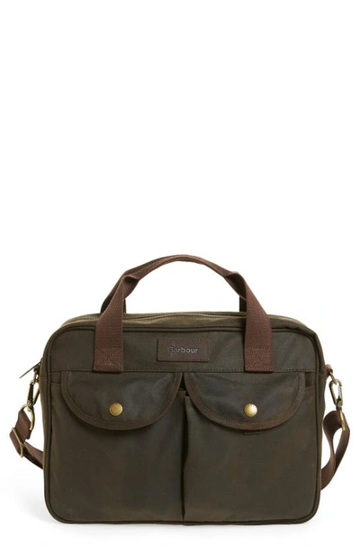 Shop Barbour Longthorpe Waxed Canvas Laptop Bag In Olive