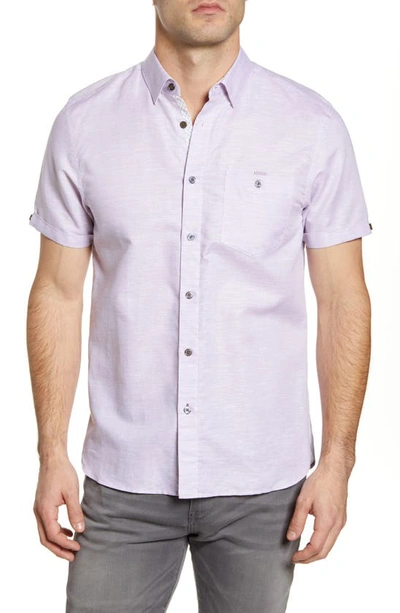 Shop Ted Baker Slim Fit Havefun Short Sleeve Button-up Shirt In Purple