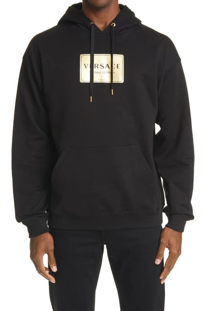 Shop Versace Logo Graphic Cotton Hoodie In Black