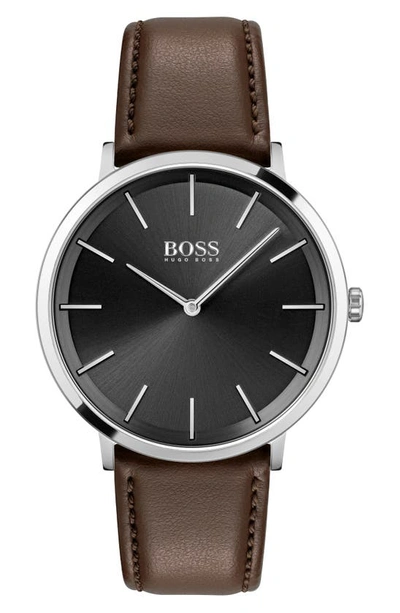 Shop Hugo Boss Skyliner Leather Strap Watch, 40mm In Brown