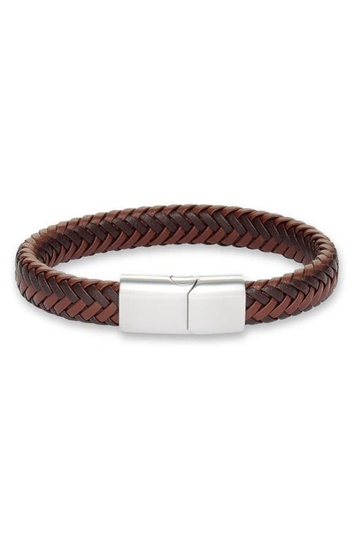 Shop Nordstrom Woven Leather Bracelet In Chocolate- Silver