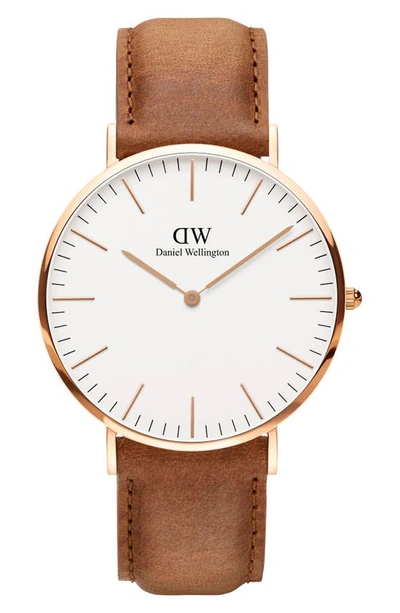 Shop Daniel Wellington Classic Durham Leather Strap Watch, 40mm In Brown/ Eggshell/ Rose Gold