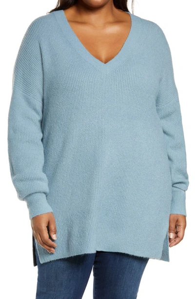 Shop Halogenr Halogen Ribbed V-neck Tunic Sweater In Blue Citadel