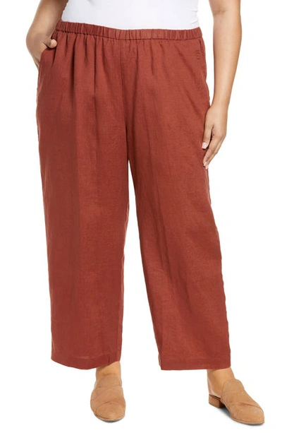 Shop Eileen Fisher Organic Linen Straight Leg Pants In Dark Red