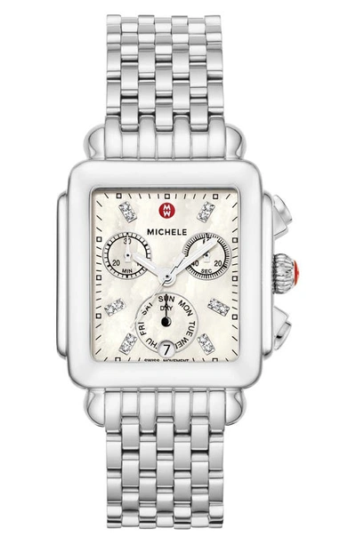 Shop Michele Deco Diamond Dial Watch Head & Bracelet, 33mm In Silver/ White