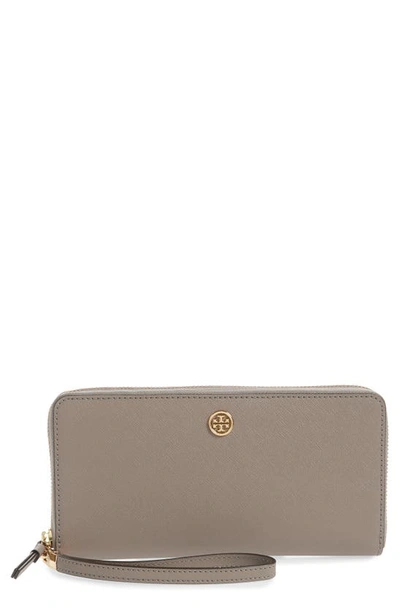 Shop Tory Burch Robinson Leather Passport Continental Wallet In Gray Heron