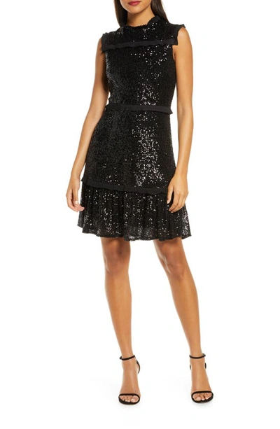 Shop Julia Jordan Sequin Tiered A-line Dress In Black