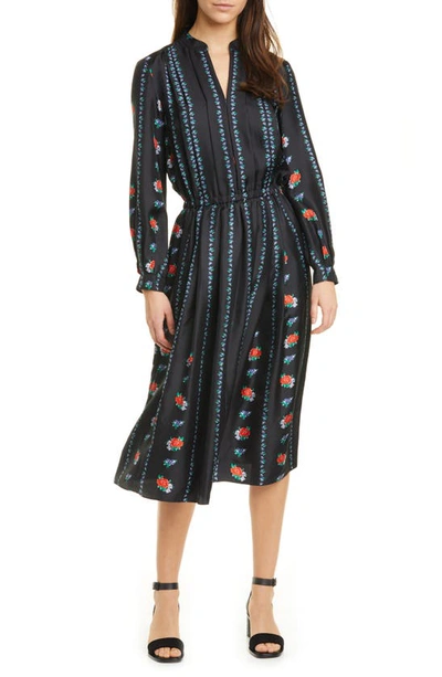 Shop Tory Burch Floral Stripe Long Sleeve Silk Midi Dress In Heirloom Stripe
