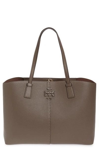Shop Tory Burch Mcgraw Leather Tote In Silver Maple