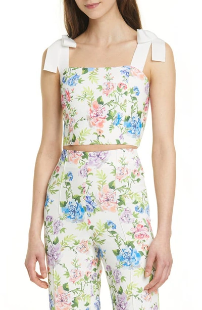 Shop Alice And Olivia Nika Floral Fitted Crop Top In Gardenia