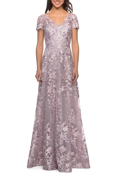 Shop La Femme Embroidered Lace A-line Gown In Antique Blush