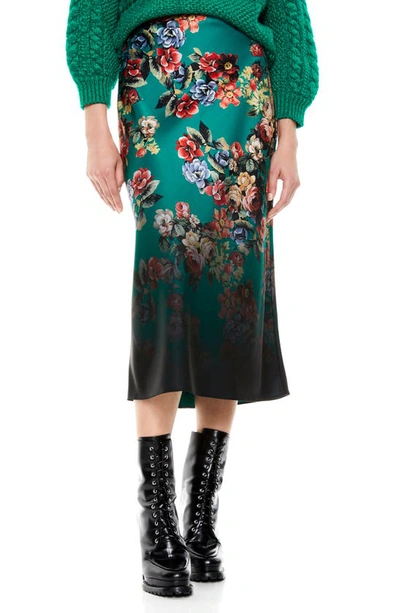 Shop Alice And Olivia Maeve Floral Satin Slip Skirt In Cloud Dancer Dark Teal Multi