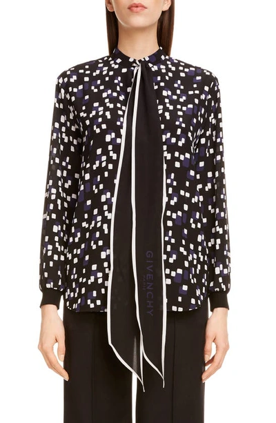 Shop Givenchy Square Print Logo Tie Neck Silk Blouse In Black Navy