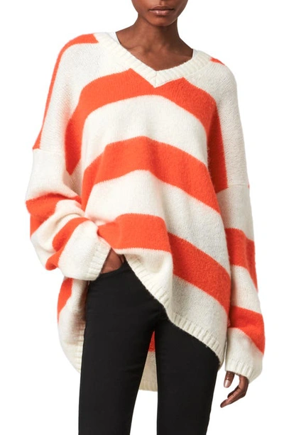 Shop Allsaints Lou Stripe V-neck Sweater In White/ Flame Red