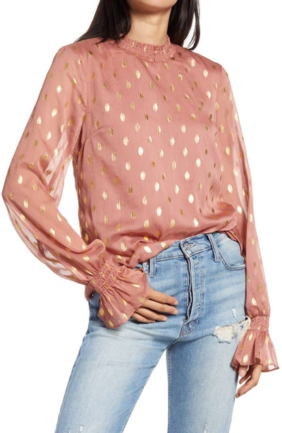 Shop Endless Rose Metallic Polka Dot Chiffon Top In Mauve