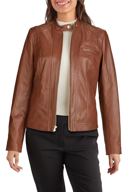 Shop Cole Haan Lambskin Leather Jacket In Hickory