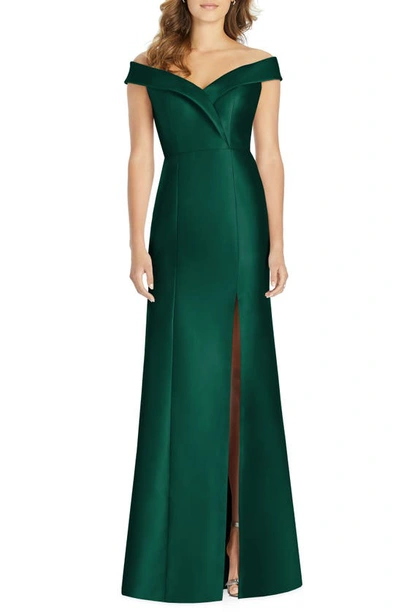 Shop Alfred Sung Portrait Collar Satin Trumpet Gown In Hunter