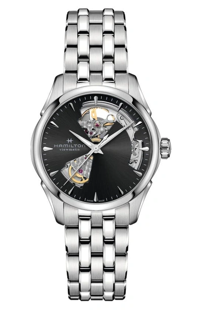 Shop Hamilton Jazzmaster Open Heart Bracelet Watch, 36mm In Black/silver