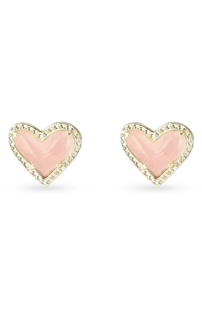 Shop Kendra Scott Ari Heart Stud Earrings In Gold/ Rose Quartz