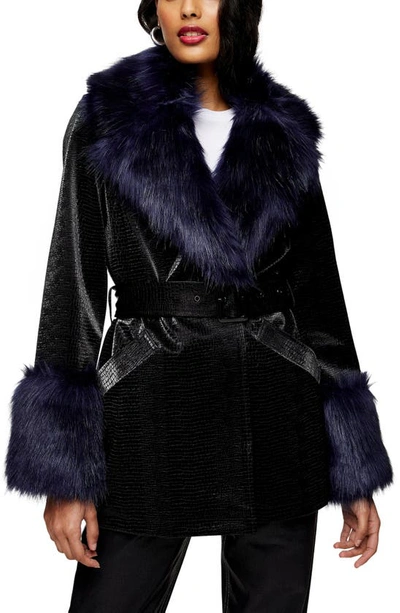 Shop Topshop Monikh Faux Fur & Faux Leather Coat In Navy Blue