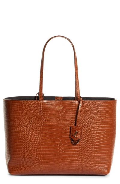 Shop Jimmy Choo Nine2five East/west Croc Embossed Leather Tote In Dark Tan/light Gold