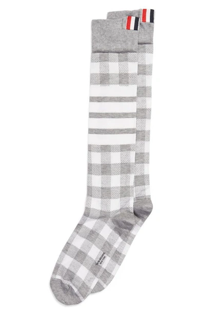 Shop Thom Browne Gingham 4-bar Cotton Knee Socks In Light Grey