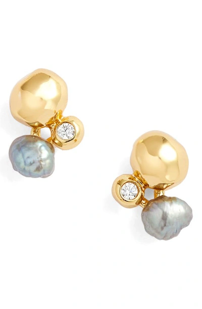 Shop Gorjana Vienna Shimmer Freshwater Pearl & Cubic Zirconia Studs In Grey Pearl/ Gold