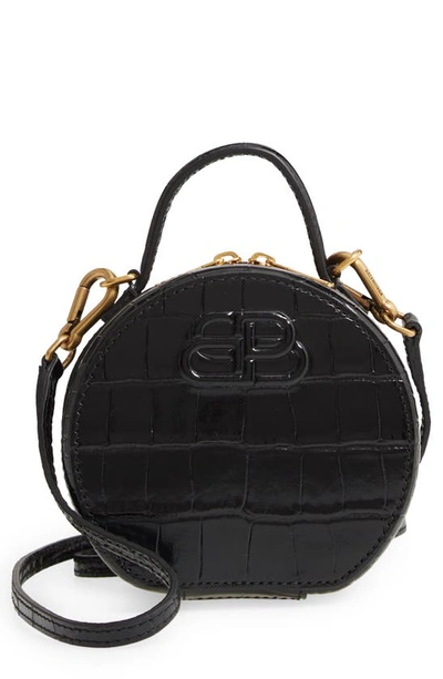 Shop Balenciaga Mini Vanity Croc Embossed Leather Round Crossbody Bag In Black
