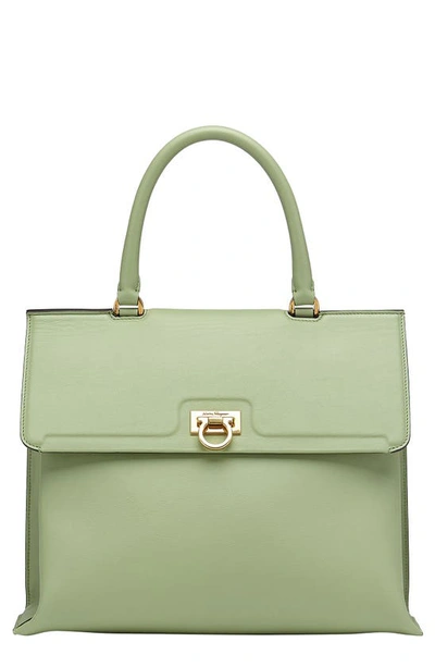 Shop Ferragamo Trifolio Leather Top Handle Bag In Hedren Green