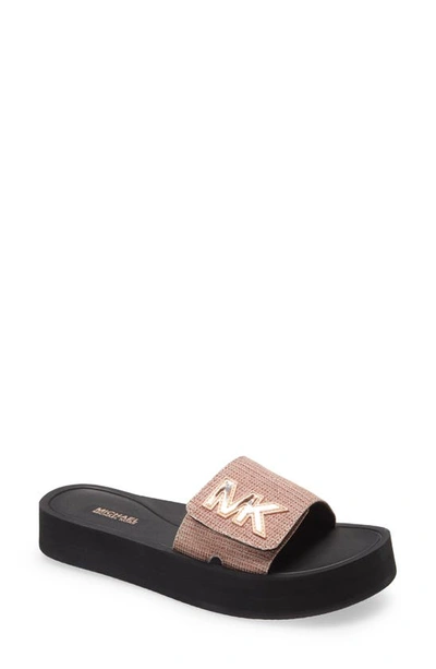 Michael Michael Kors Mk Logo-printed Chain-mesh Slides In Rose Gold