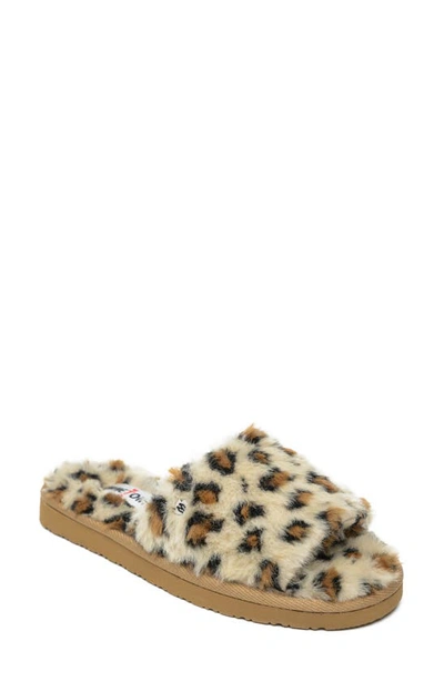 Shop Minnetonka Faux Fur Slide Slipper In Cream Leopard Print